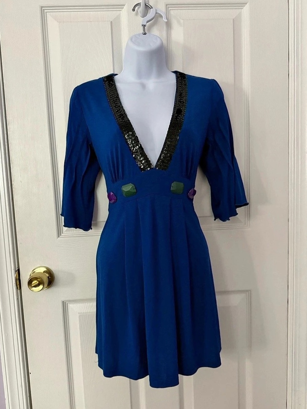 Longin Royal Blue Sequin Neck Mini Dress